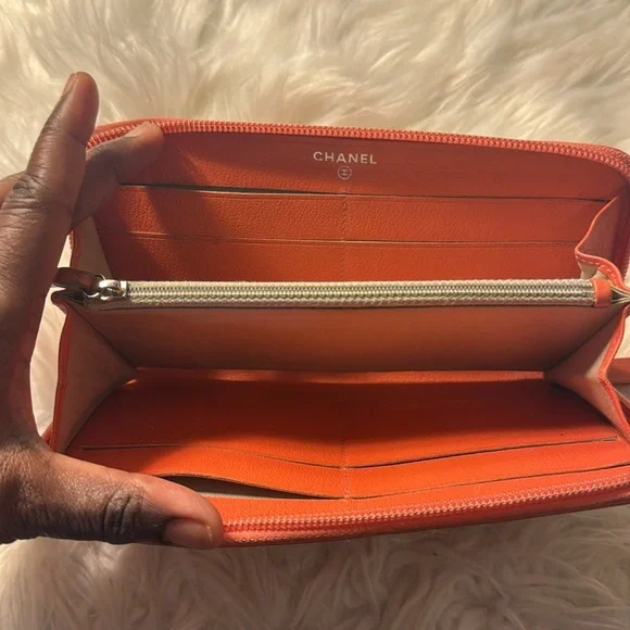 Authentic CHANEL Zip Around Long Wallet Purse Camellia Leather Orange GUC - Picture 12 of 12